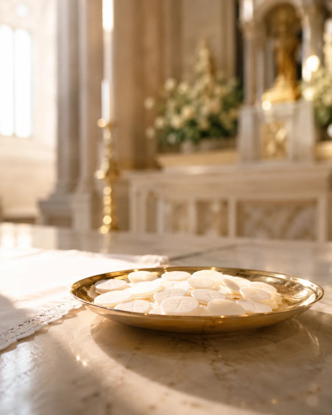 Dischetti votivi su altare in chiesa con luce solare naturale