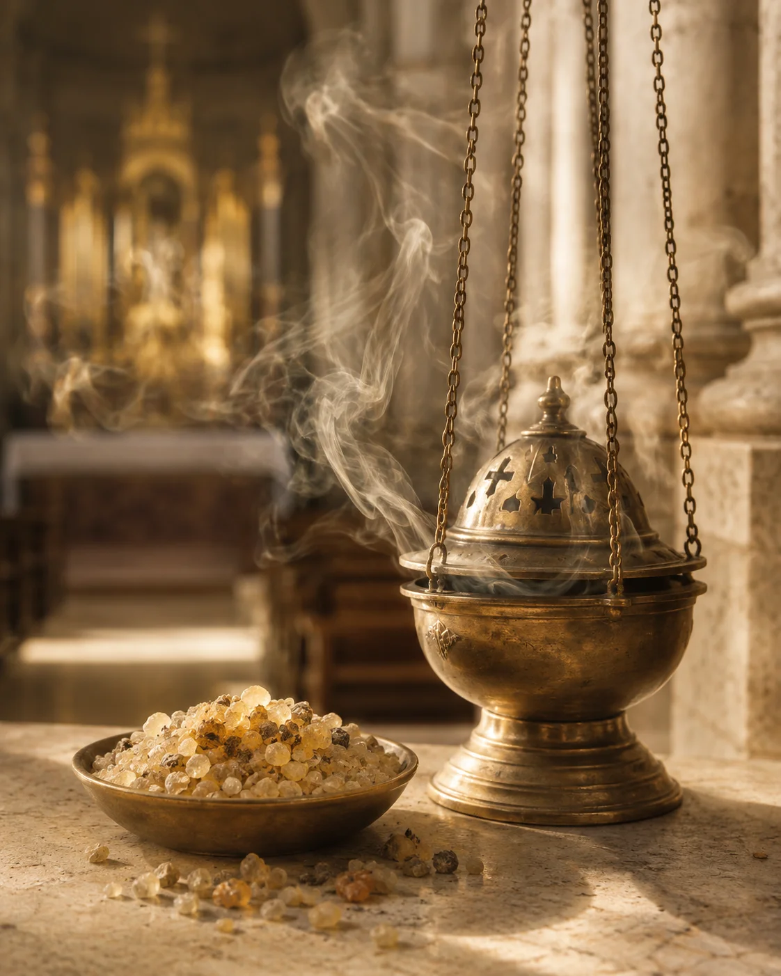 Turibolo con incenso fumante in chiesa barocca
